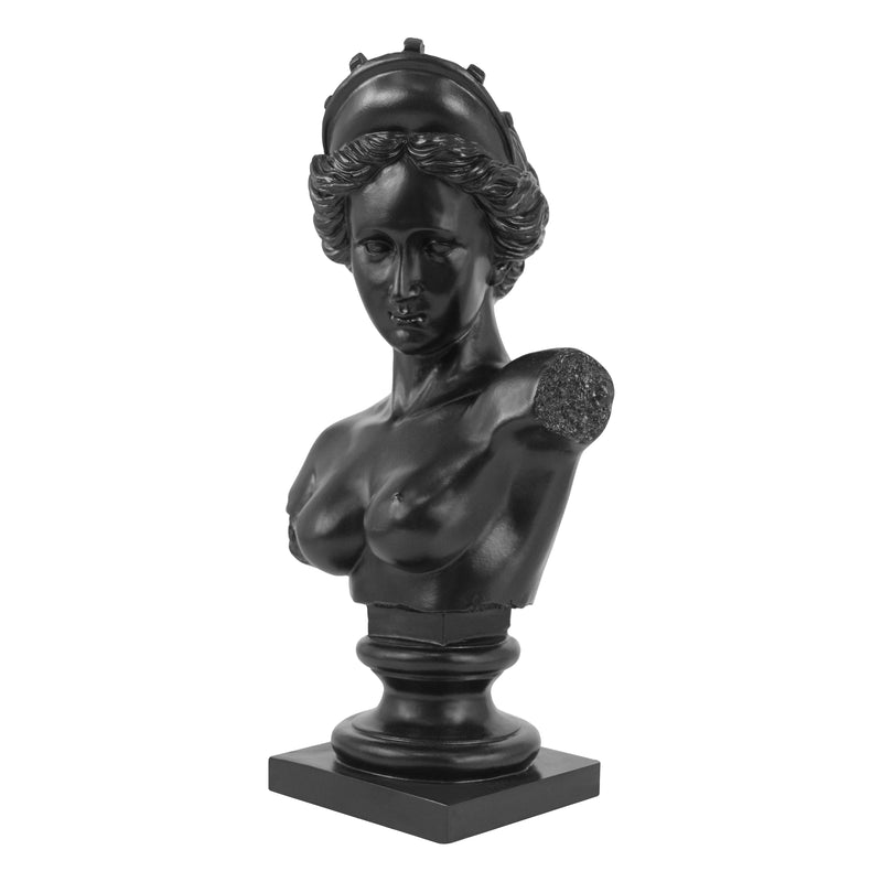 Black classical bust sculpture on a white background