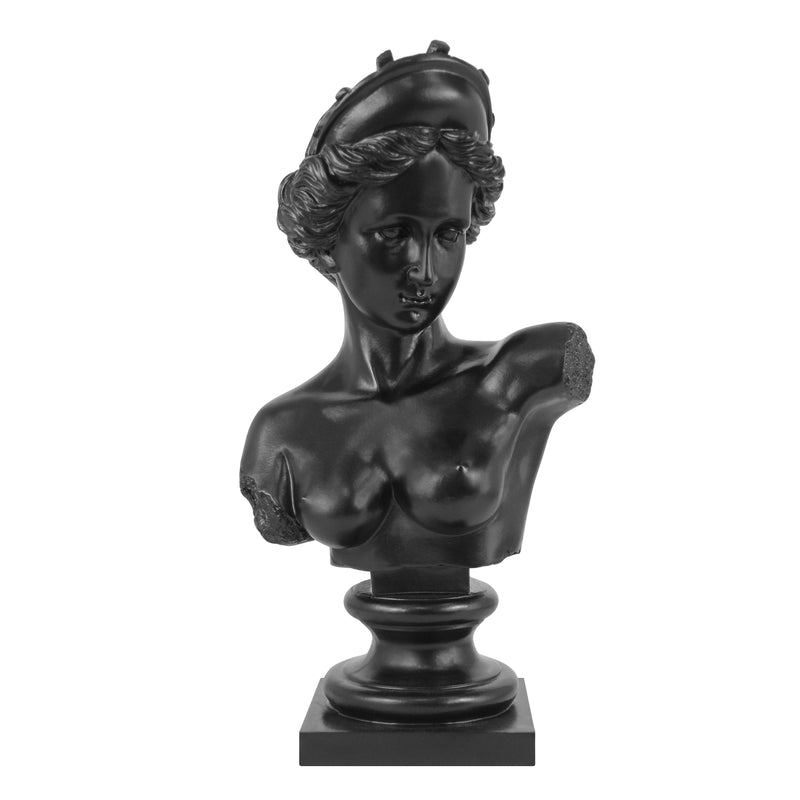 Black classical bust sculpture on a white background