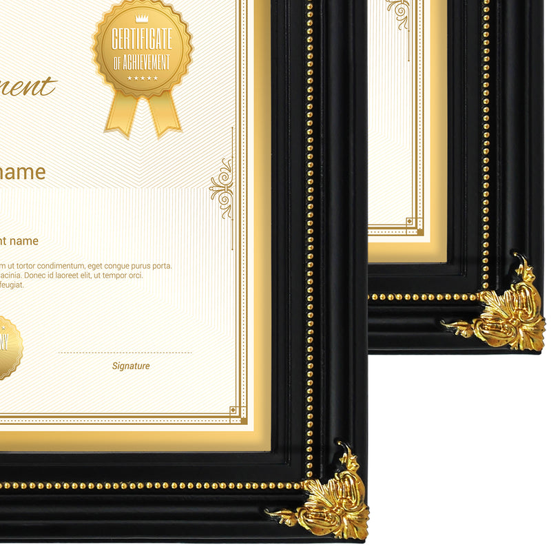 Black vintage 8.5x11 diploma frame corner close-up showing black with gold finish