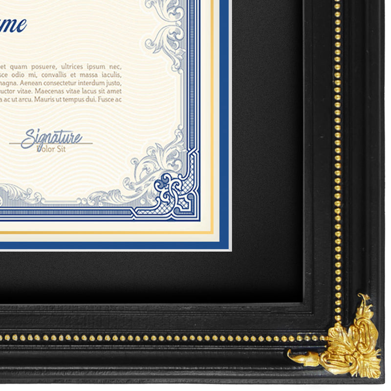 11x14 Vintage Diploma Certificate Frame with Mat for 8.5x11, Ornate Floral Border, Wall and Tabletop Display — Black, Green, Gold