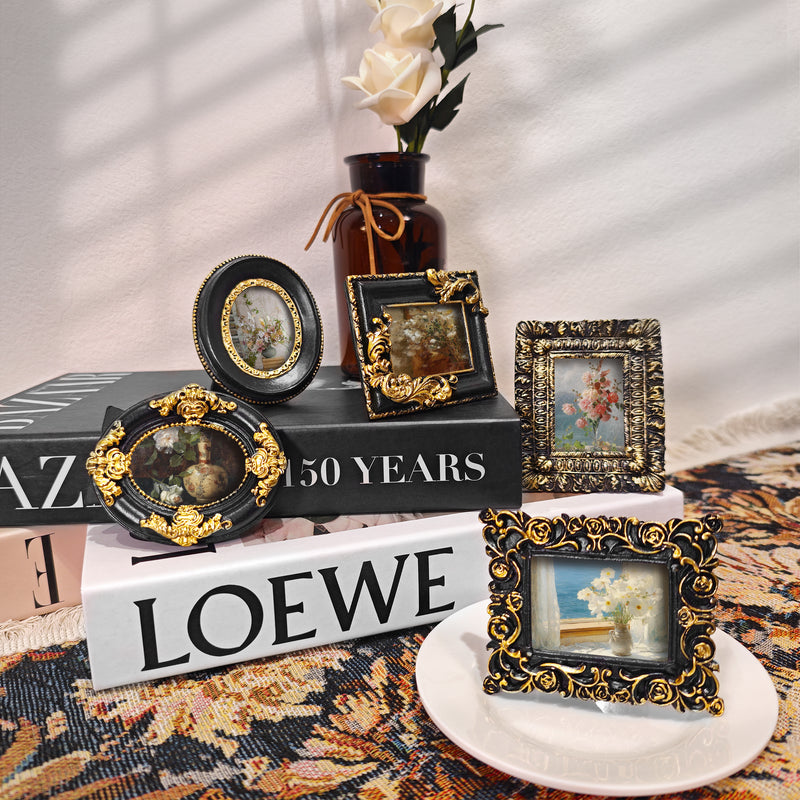 Vintage Picture Frames, Small Ornate Frames for 1.5x2 inch Wallet Size Photos, 5-Pack Victorian Miniature Photo Display, Antique Style Tabletop Desk Shelf Décor