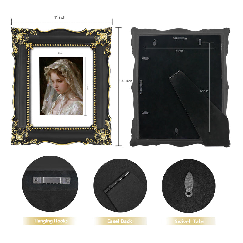 8x10 Picture Frame with Mat for 5x7, Vintage Inspired Wall and Tabletop Photo Frames, Baroque Style Home Decor