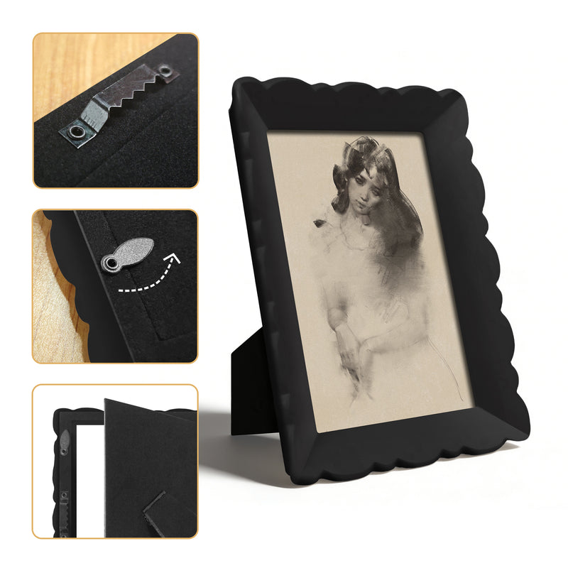 4x6 Picture Frame Wall and Tabletop Display, Hand Painted Black Photo Frame with Carved Scalloped Edge Design