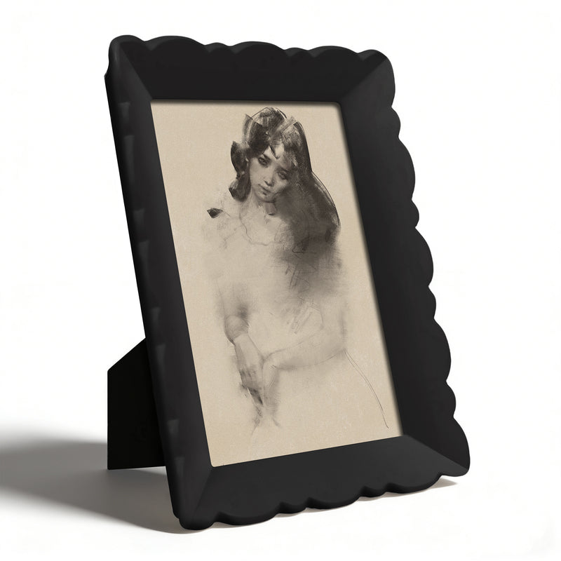 4x6 Picture Frame Wall and Tabletop Display, Hand Painted Black Photo Frame with Carved Scalloped Edge Design