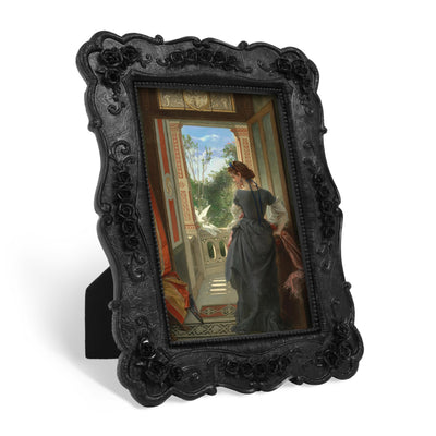 Black 4x6 vintage 4x6 picture frame with hand-carved rose flower border for wall and tabletop display, hand-painted resin

