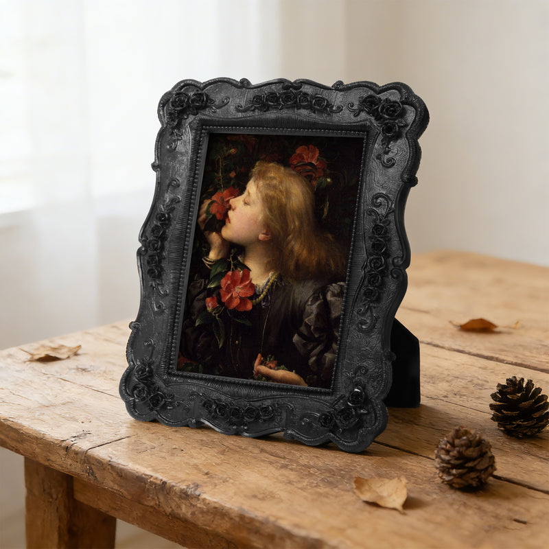 Black Picture Frames 4x6 for Wall and Desk Display, Vintage 4 x 6 Picture Frame with Hand Carved Roses Flowers Detail, Rustic House Living Room Shelf Decor