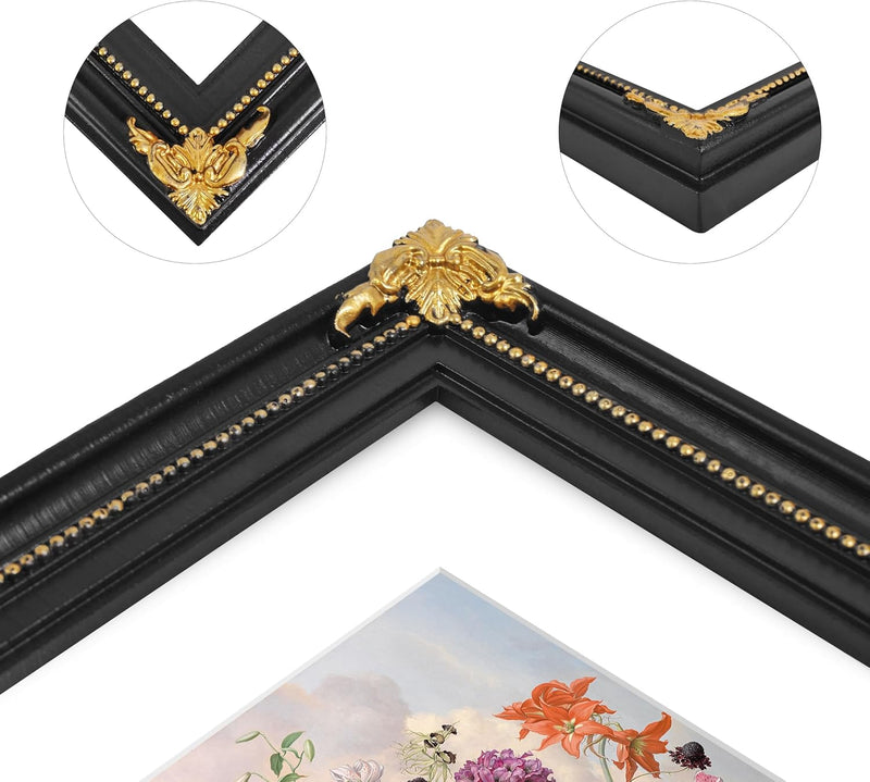 Black vintage 8x10 picture frame matted for 5x7 image, floral beaded border for wall and tabletop display