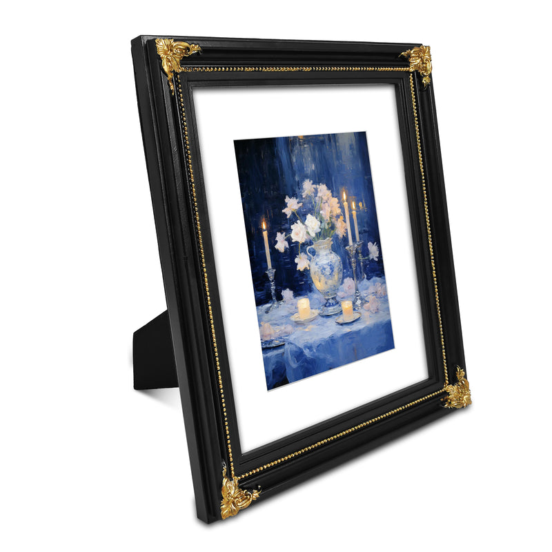 Black vintage 8x10 picture frame matted for 5x7 image, floral beaded border for wall and tabletop display