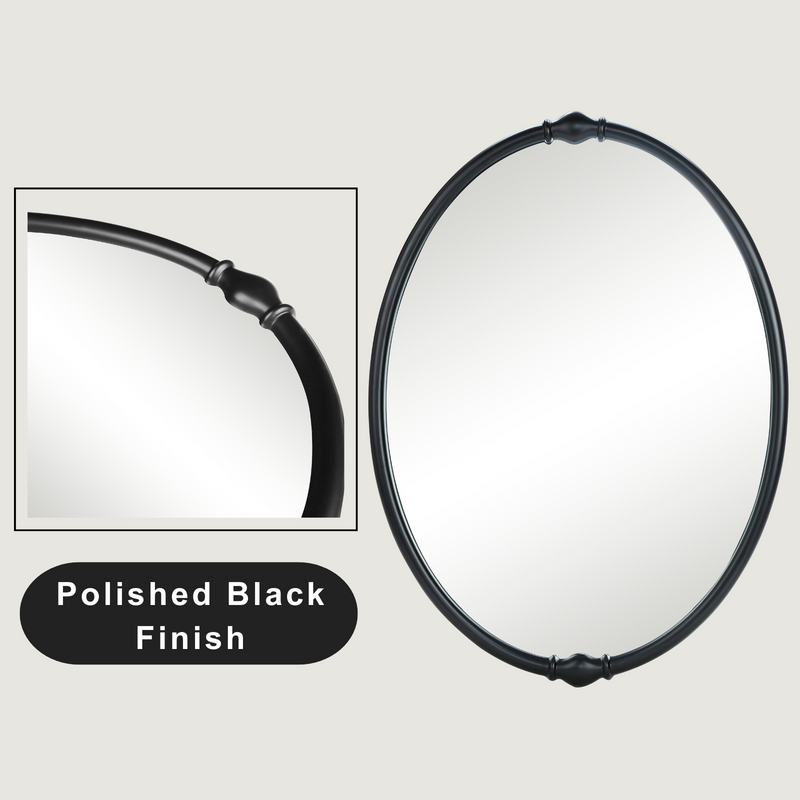 An oval-shaped mirror with a traditional frame in a bathroom setting, reflecting a modern shower stall and bathroom decor.