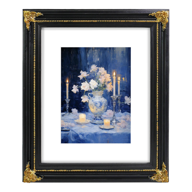 Black vintage 8x10 picture frame matted for 5x7 image, floral beaded border for wall and tabletop display