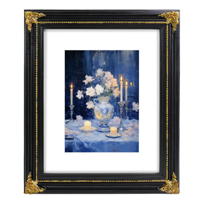 Black vintage 8x10 picture frame matted for 5x7 image, floral beaded border for wall and tabletop display