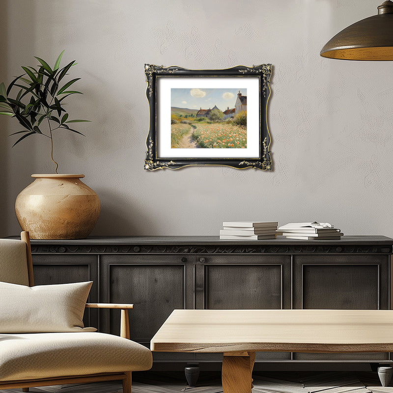 An ornate black picture frame with floral carvings around the border, designed for an 11x14 poster.