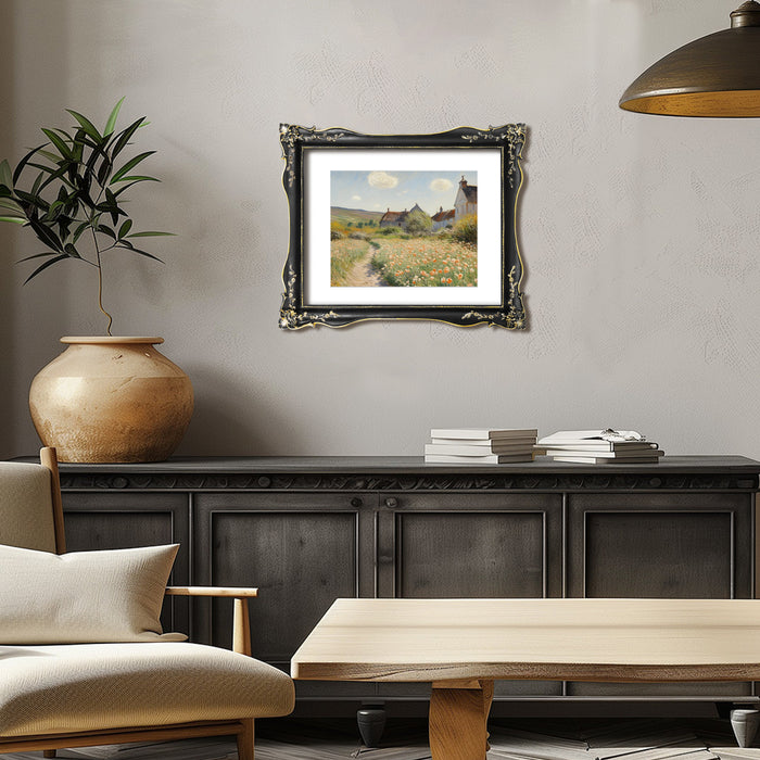 An ornate black picture frame with floral carvings around the border, designed for an 11x14 poster.