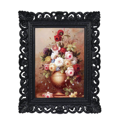 Black 4x6 / 5x7 vintage picture frame with scalloped border and floral design for wall and tabletop display, hand-painted