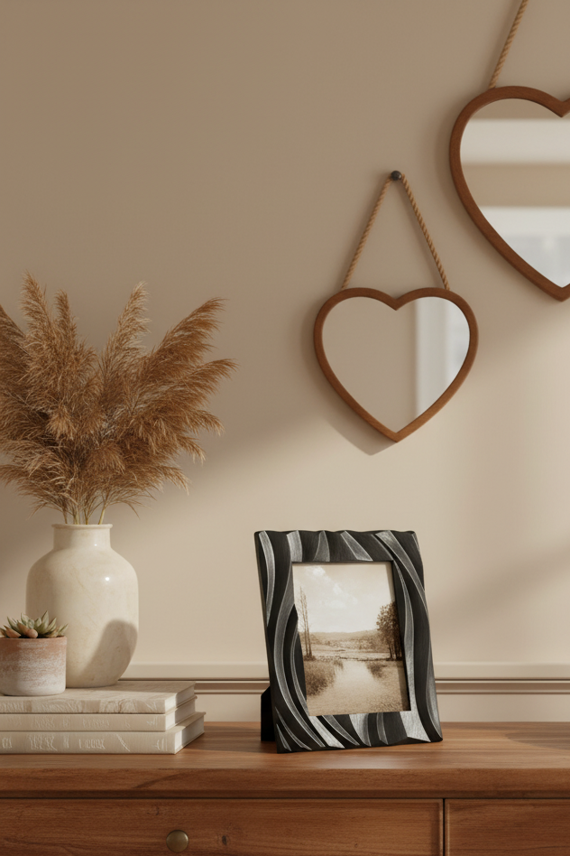 Heart-shaped mirrors on a wall above a wooden console table with decor items.