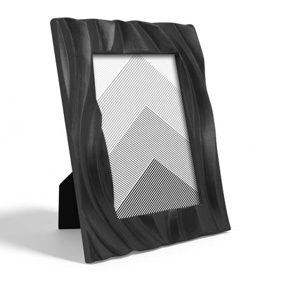 Black modern 4x6 picture frame with hand-carved 3D wave texture design for wall and tabletop display, hand-painted resin