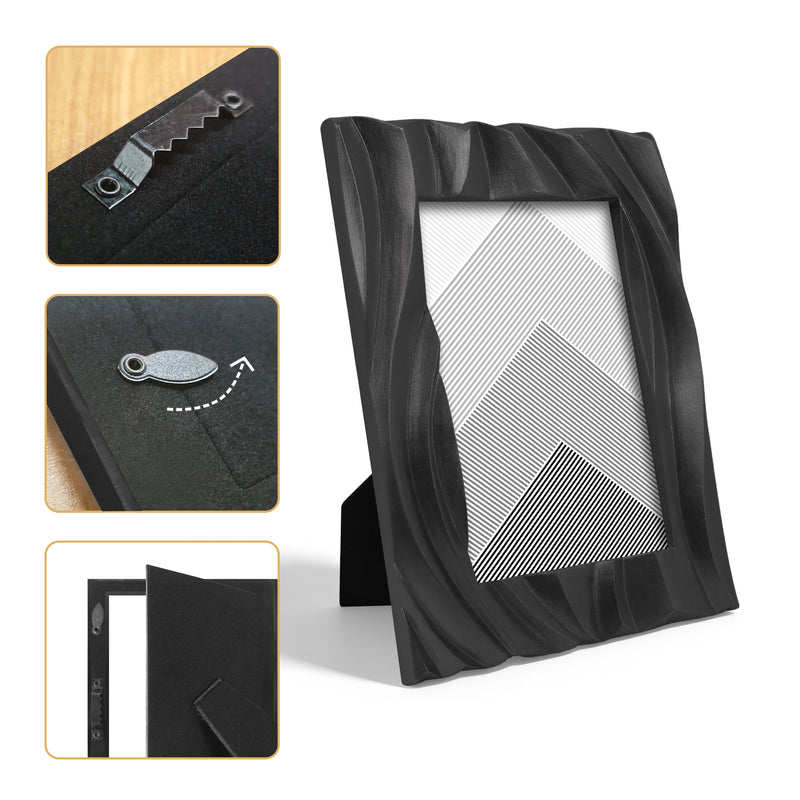 Black Picture Frame 4x6, Modern Minimalist Photo Frames Tabletop or Wall for Home Décor Gifts, Hand Carved Wave Pattern Frame with 3D Textured Design