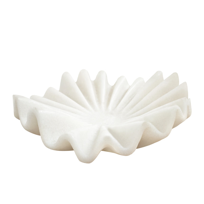 White Marble Style Decorative Bowl, Modern Ruffled Wavy Design Centerpiece for Coffee Table, Dining Room, Entryway, and Home Decor