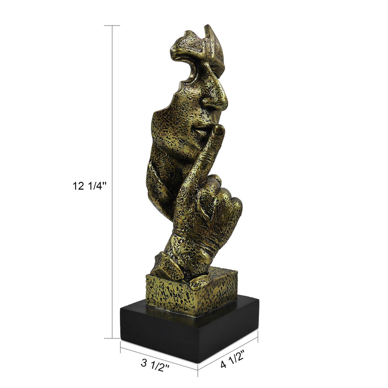A bronze sculpture of a thinker's face, depicting a silent, reflective pose, is placed on a black base.