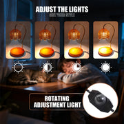 Lamp with adjustable light settings shown in various intensities, with a child and cat in the background.
