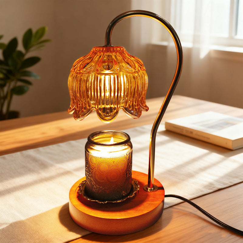 Decorative table lamp with a glass shade and wooden base on a table.