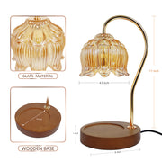 Table wax melting lamp with glass shade and wooden base, showing material and dimensions.