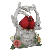 Decorative figurine of two red cardinals on a branch with flowers and 'Forever Together' text.