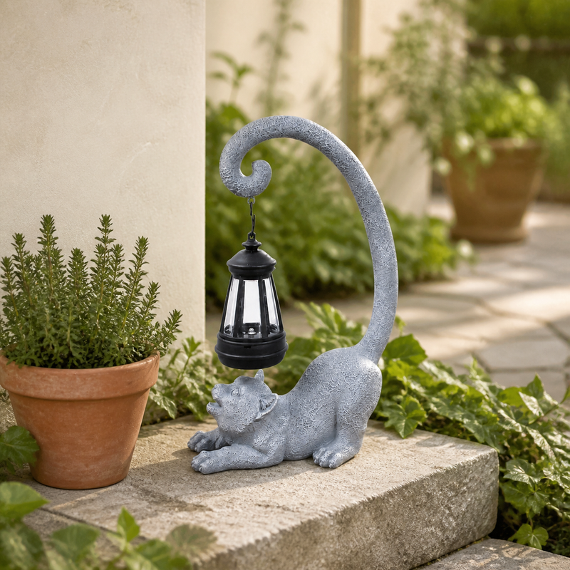 Gray Cat Statue with Solar Lantern, 12 in Outdoor Garden Porch Patio Pathyway Decor