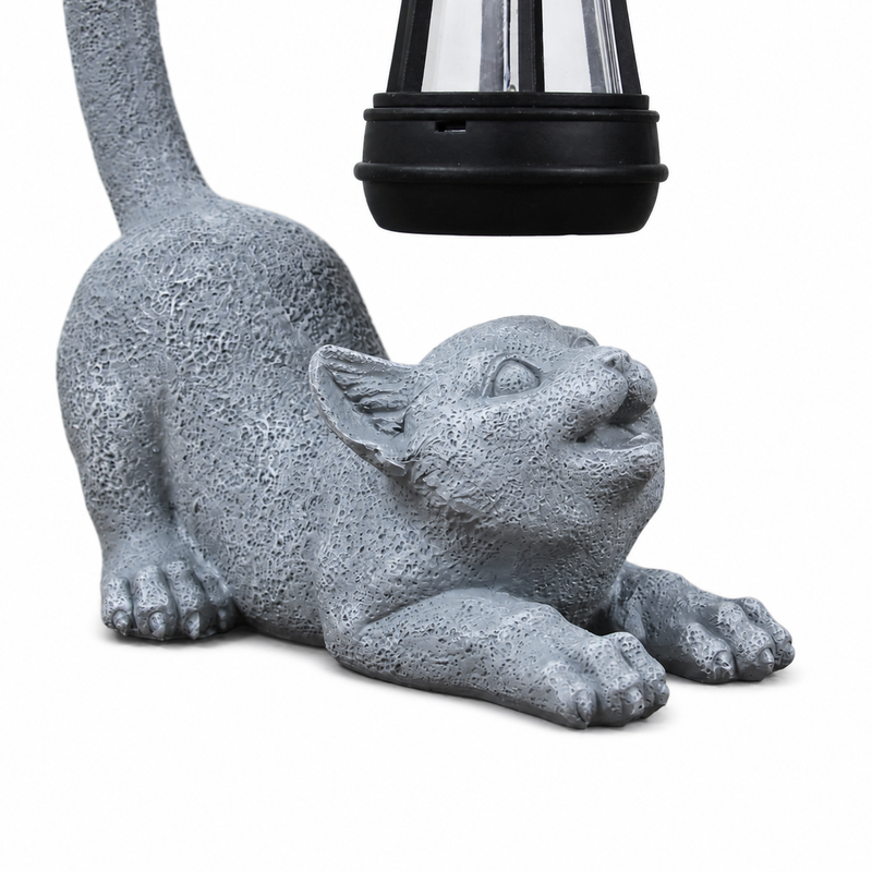 Gray Cat Statue with Solar Lantern, 12 in Outdoor Garden Porch Patio Pathyway Decor