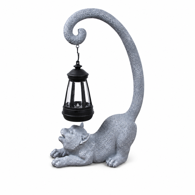 Gray Cat Statue with Solar Lantern, 12 in Outdoor Garden Porch Patio Pathyway Decor