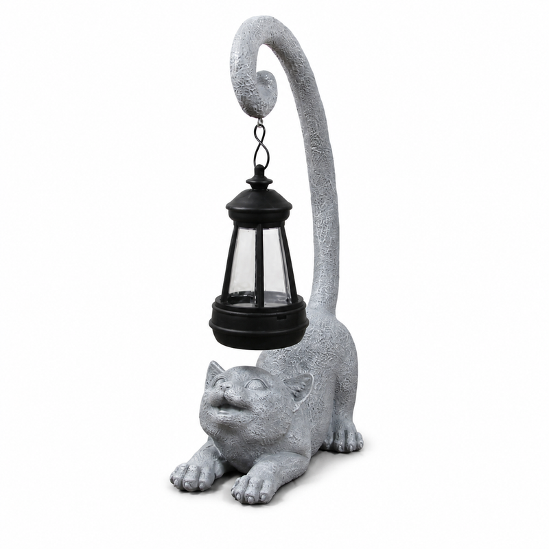 Gray Cat Statue with Solar Lantern, 12 in Outdoor Garden Porch Patio Pathyway Decor