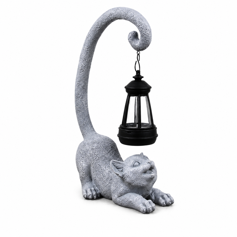 Gray Cat Statue with Solar Lantern, 12 in Outdoor Garden Porch Patio Pathyway Decor
