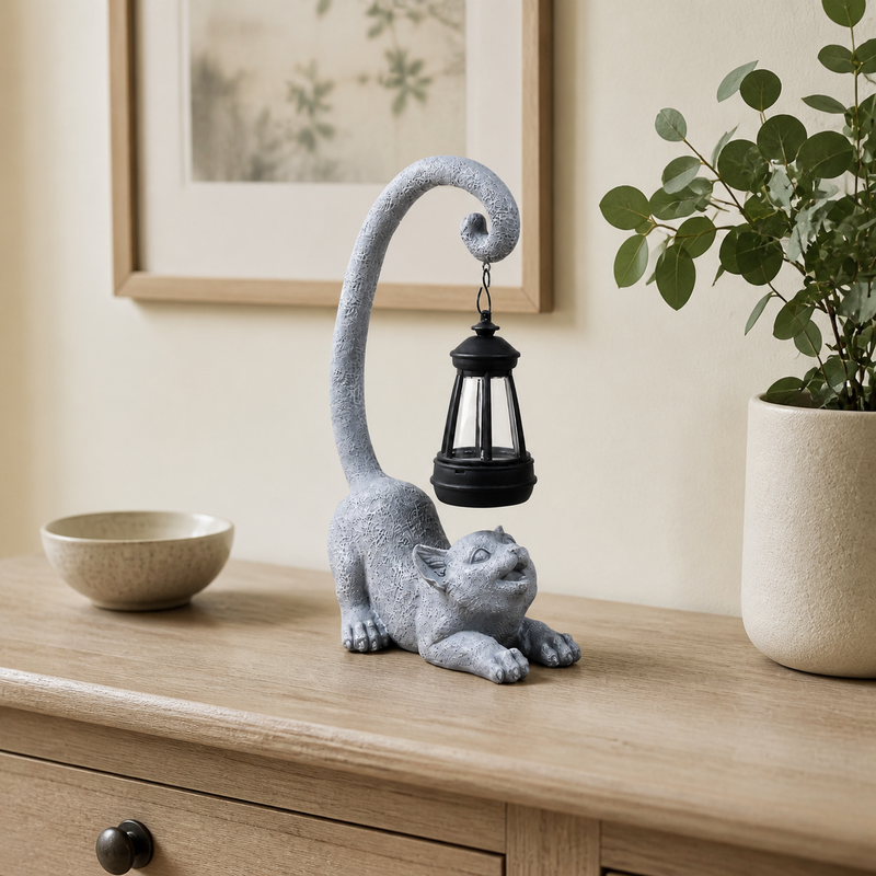 Gray Cat Statue with Solar Lantern, 12 in Outdoor Garden Porch Patio Pathyway Decor
