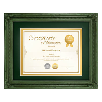 Green 11x14 vintage diploma picture frame with beaded floral border for wall and tabletop display, hand-painted resin