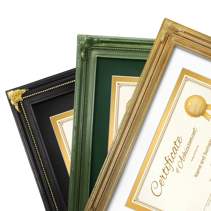 Green 11x14 vintage diploma picture frame with beaded floral border displayed in home décor setting
