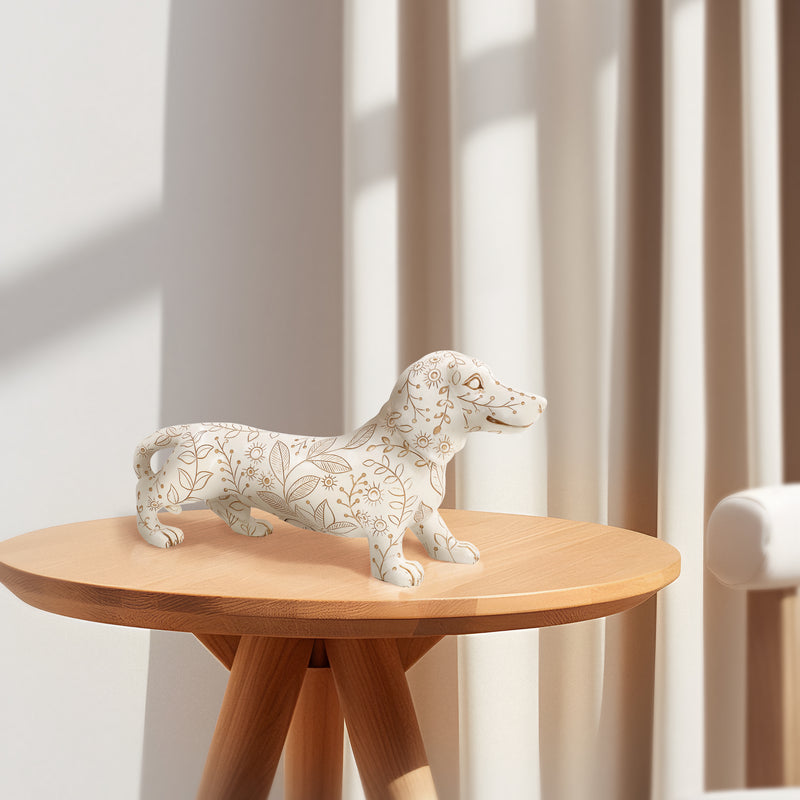 White dachshund statue, beautifully crafted in resin with charming details of paper-cutting style carving.