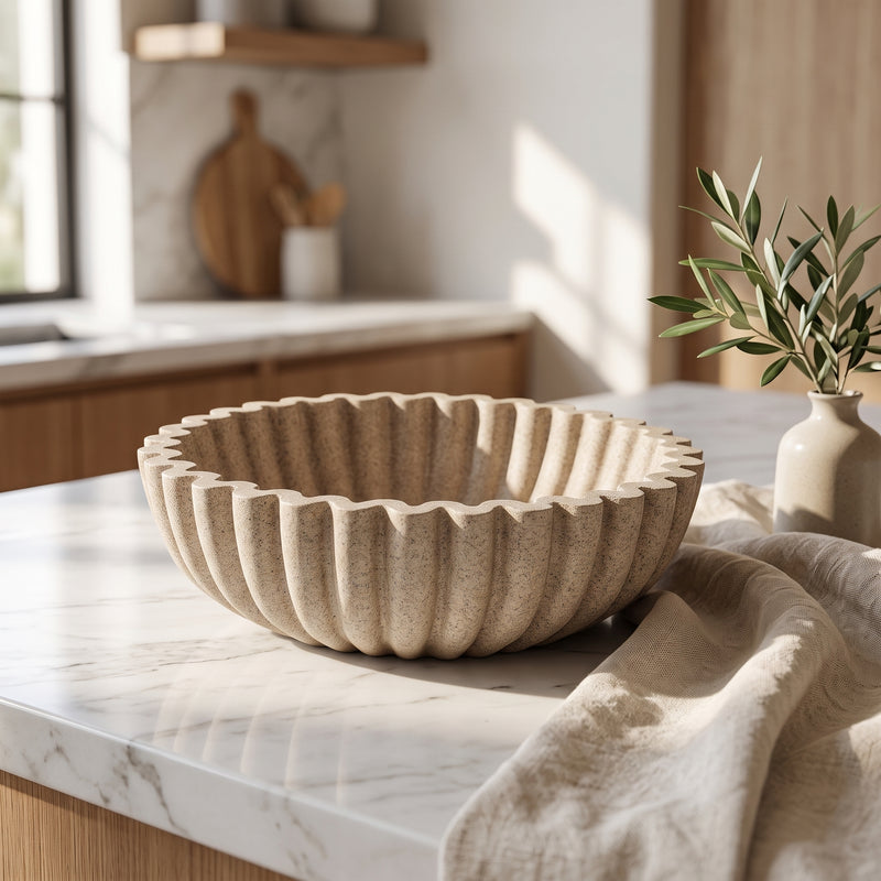 10” Sand Beige Catchall Bowls for Entryway Console Centerpiece Coffee Table Mantel Shelf Decor, Modern Decorative Bowl