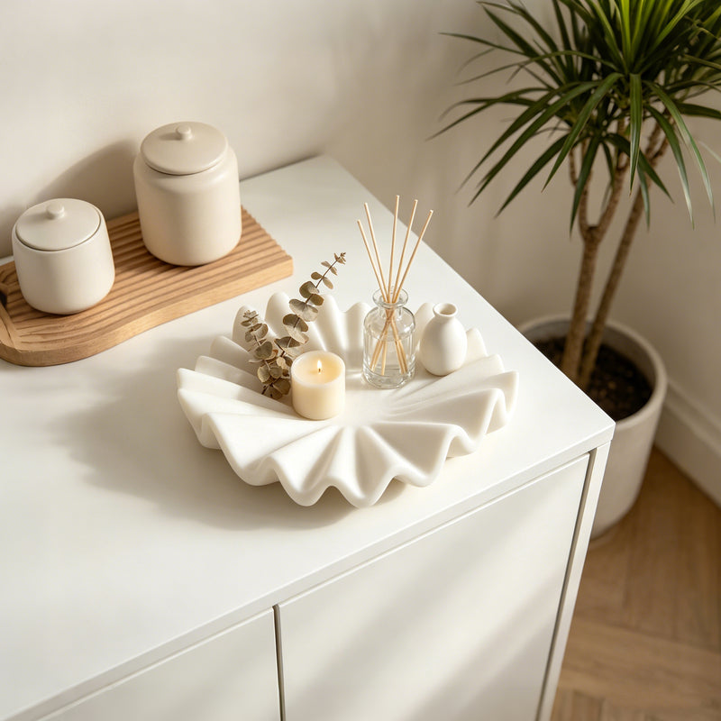 White Marble Style Decorative Bowl, Modern Ruffled Wavy Design Centerpiece for Coffee Table, Dining Room, Entryway, and Home Decor