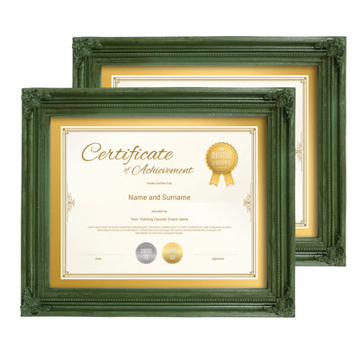 Vintage green 8.5x11 diploma certificate picture frame, set of 2 for wall and tabletop display, hand-painted resin