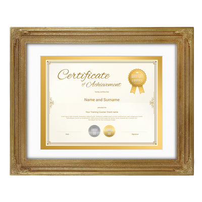 Gold 11x14 vintage diploma picture frame with beaded floral border displayed in home décor setting
