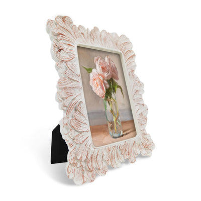 White 4x6 vintage 4x6 picture frame with asymmetric floral carved border displayed in home décor setting
