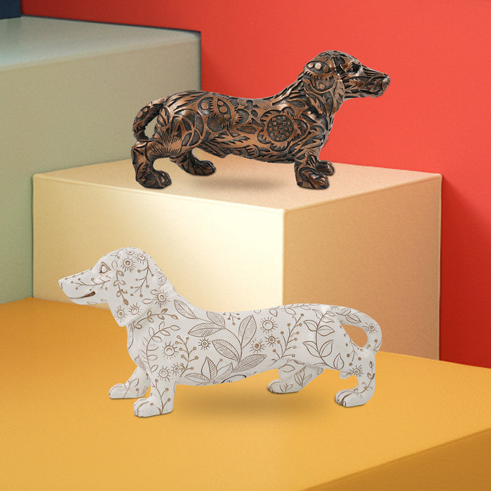 Dachshund statues are beautifully crafted in resin with charming details of paper-cutting style carving.