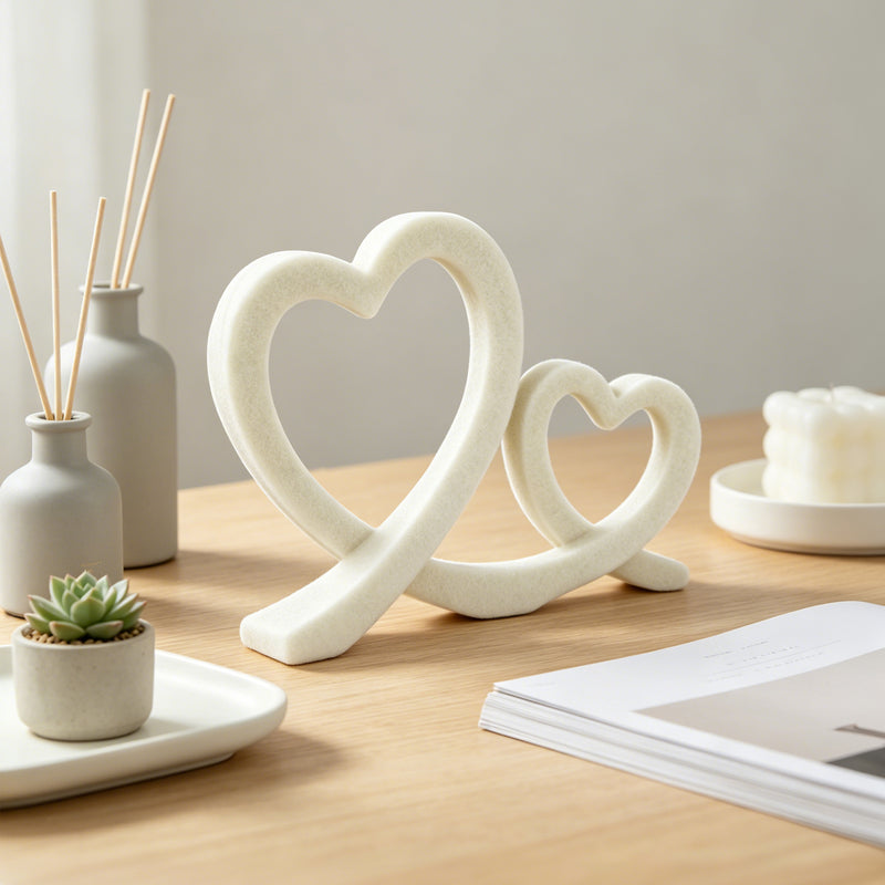 Double Heart Statue, Wedding Anniversary or Housewarming Gift, Modern White Marble Stone Finish