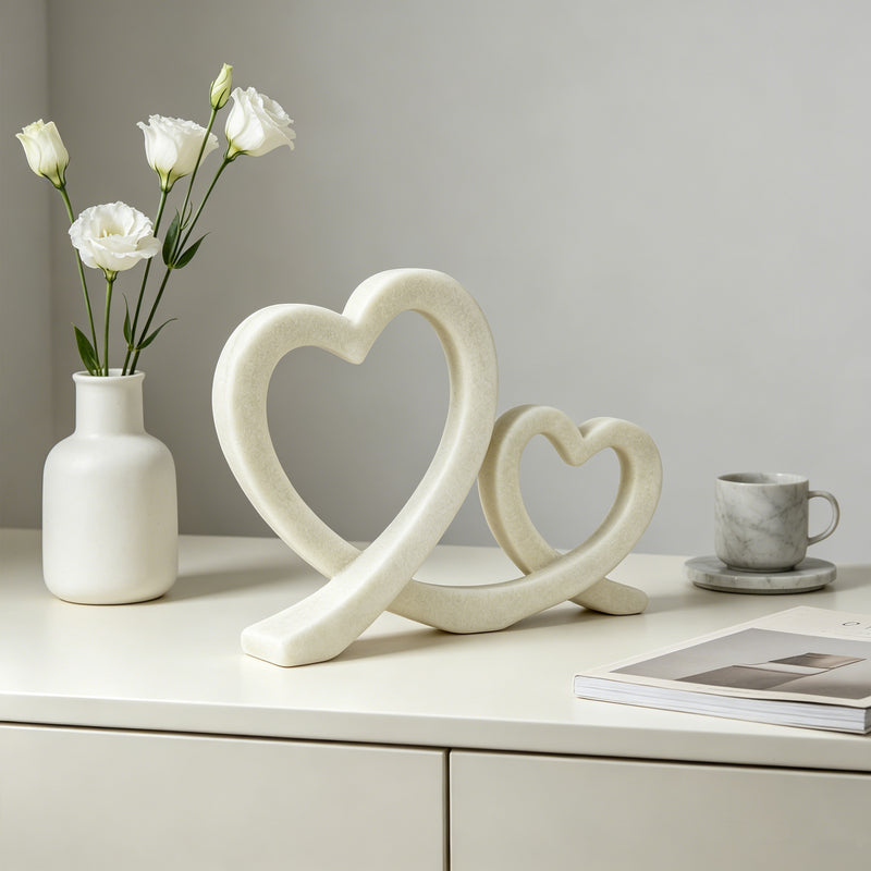 Double Heart Statue, Wedding Anniversary or Housewarming Gift, Modern White Marble Stone Finish