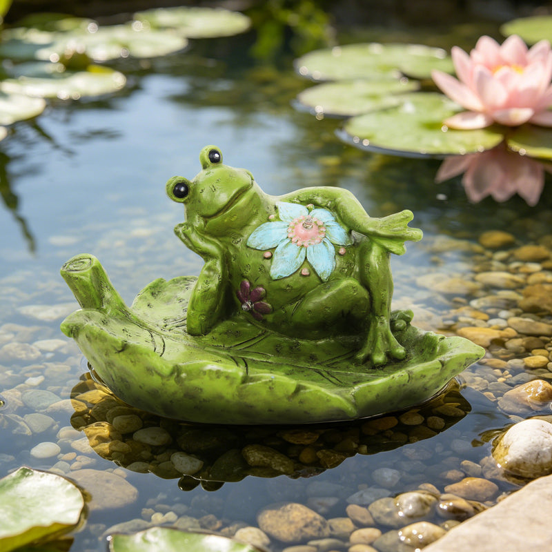 Solar Outdoor Garden Statue for Patio Table Porch Pathway Yard Decor, Relaxing Frog Sculpture with LED Lights