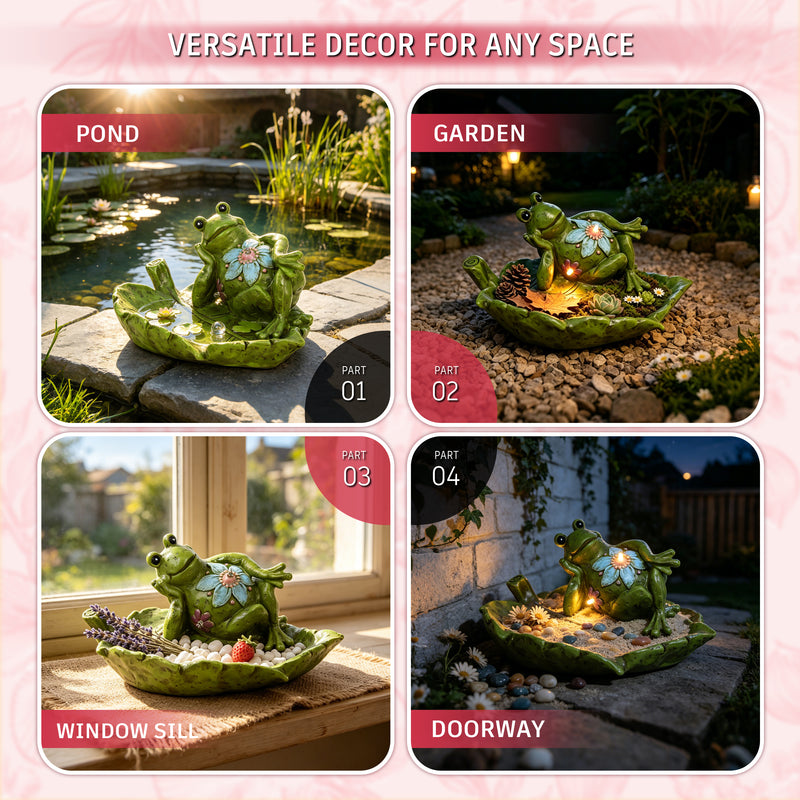 Solar Outdoor Garden Statue for Patio Table Porch Pathway Yard Decor, Relaxing Frog Sculpture with LED Lights