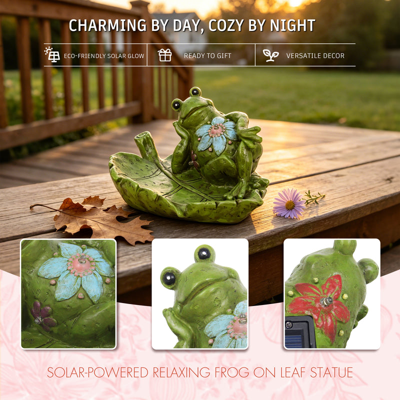 Solar Outdoor Garden Statue for Patio Table Porch Pathway Yard Decor, Relaxing Frog Sculpture with LED Lights