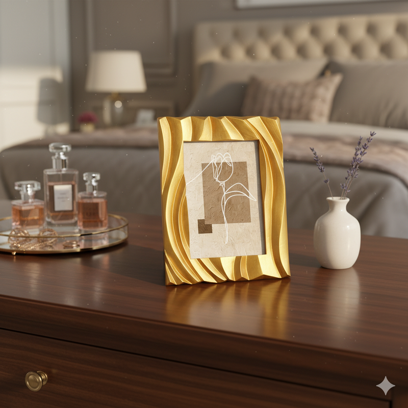 Gold Picture Frame 4x6, Modern Minimalist Photo Frames Tabletop or Wall for Home Décor Gifts, Hand Carved Wave Pattern Frame with 3D Textured Design