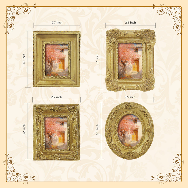 Vintage Picture Frames for 1.5x2 Inch Photos Small Artworks, Mini Wallet Sized Ornate Frame for Wall and Tabletop, Set of 4