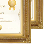 Gold vintage 8.5x11 diploma frame corner close-up showing antique patina finish